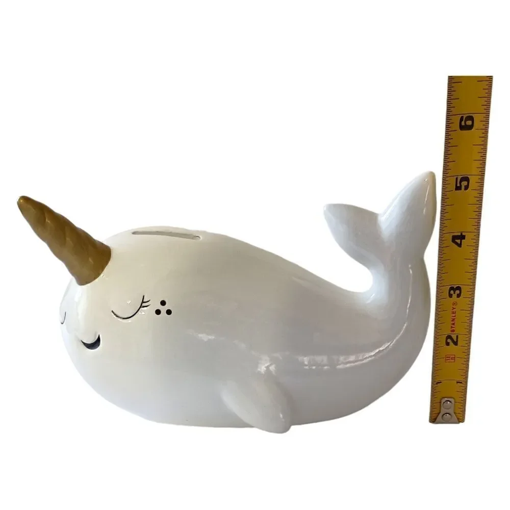Target‎ Narwhal Bank Ceramic White Pillowfort Piggy Coin Figurine Coastal Beach.